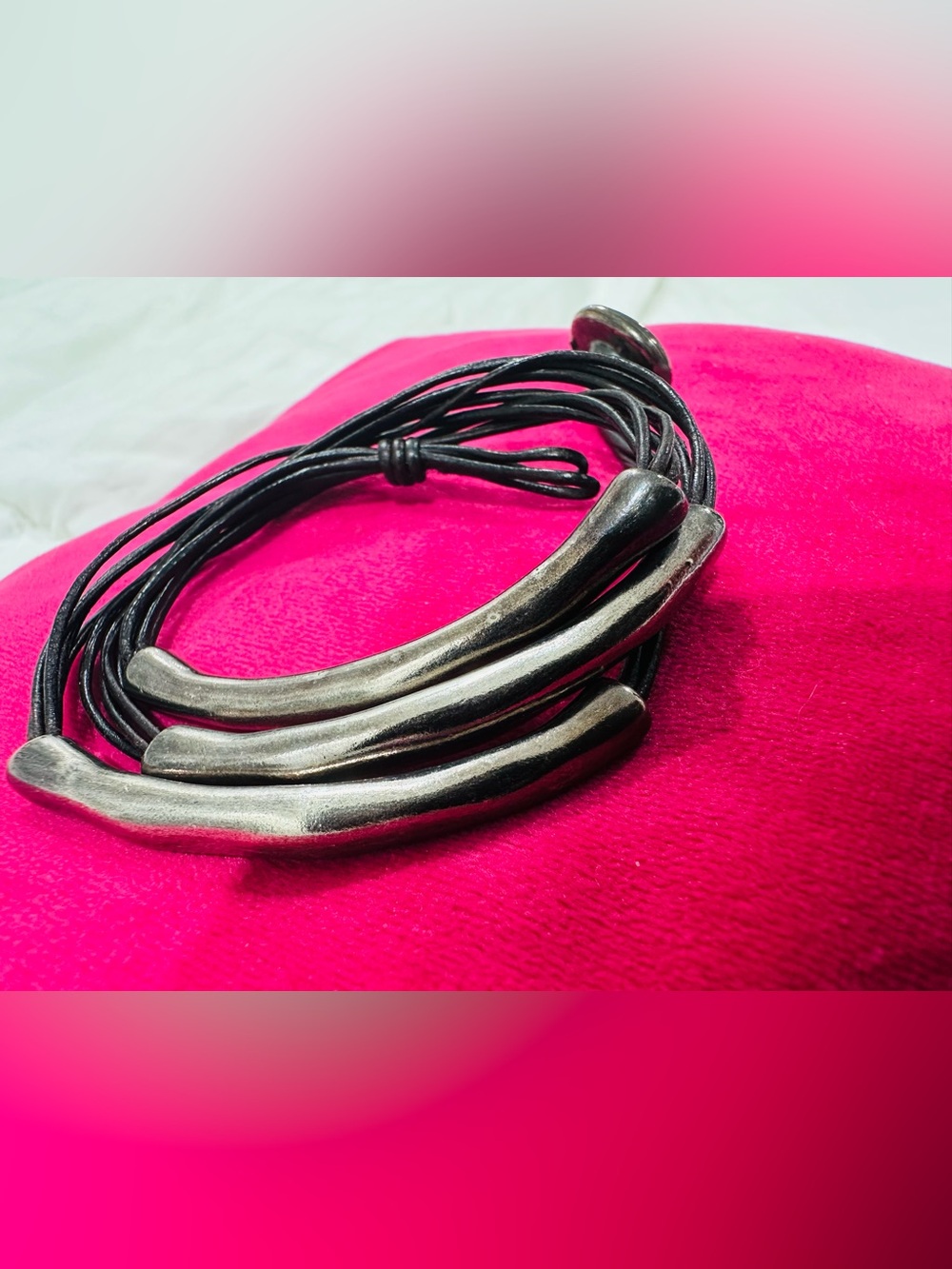 UNO de 50 Black Cord bracelet with Silver-Tone Curved Bars